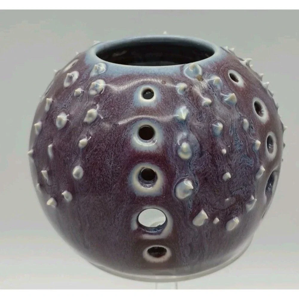 Sea Urchin Ceramic Candleholder Tea Light Purple Blue Pierced Decor